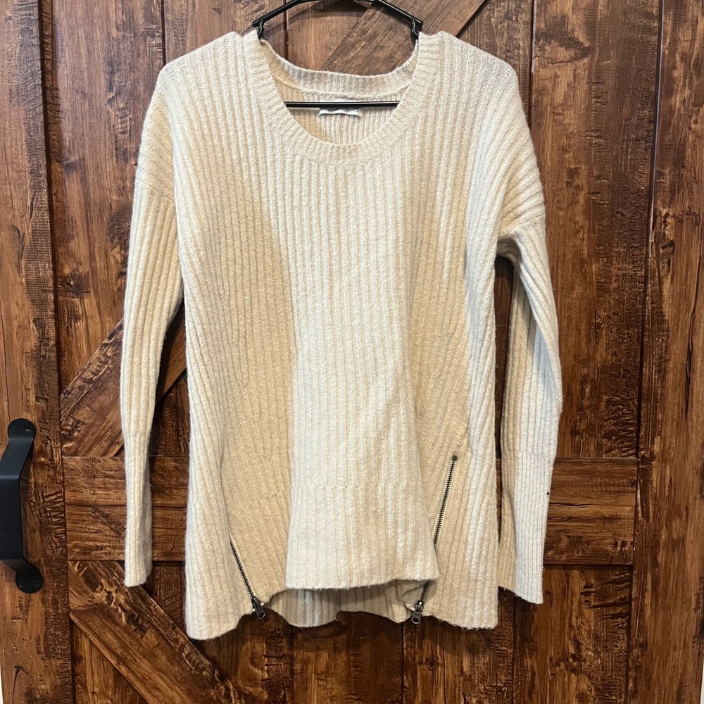 Abercrombie & Fitch Womens Beige Knit Sweater Ribbed‎ Side Zipper M wool blend